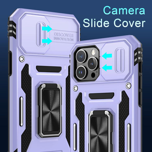 DEERLAMN for iPhone 12 Pro Max Case with Slide Camera Cover+Screen Protector(1 Pack),Rotated Ring Kickstand Military Grade Shockproof Protective Cover 6.7 Inch-Light Purple