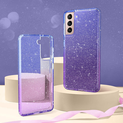 ULAK Clear Glitter Case for Samsung Galaxy S21 5G, Sparkly Soft TPU Bumper Bling Cover for Women Girls - Blue+Purple