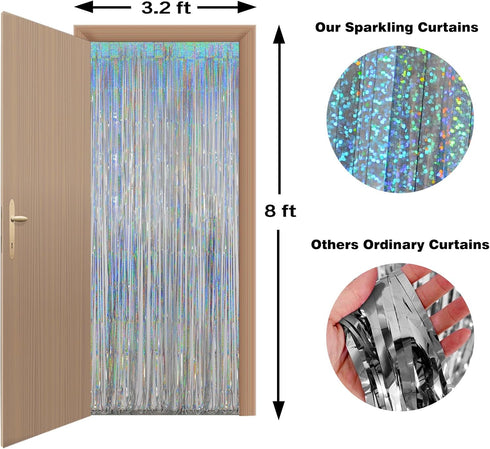 Melsan Silver Tinsel Foil Curtain, 2 Pack, 3.2 ft x 8.2 ft, Sparkle Metallic Backdrop for Party Decorations