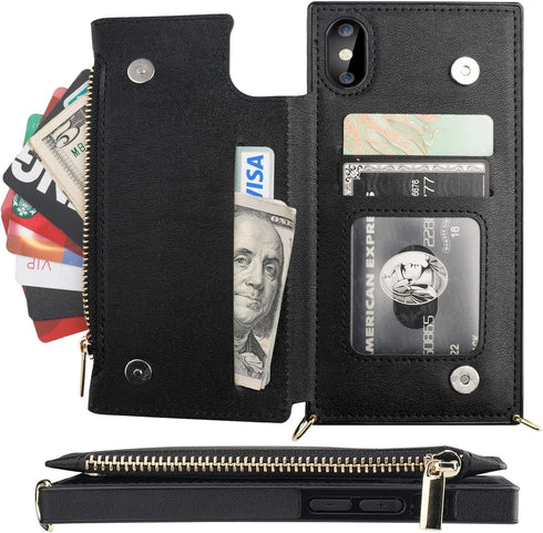 Bocasal Crossbody Wallet Case for iPhone X Xs, Card Holder, Zipper Card Slot Protector, Shockproof Purse Cover with
