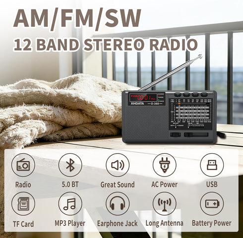 XHDATA D368 12 MP3 Portable Shortwave Radio AM FM SW Band DSP Stereo Player Wireless BT Speaker with Rechargeable