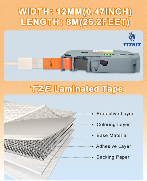 TITBIT Compatible Orange Label Tape Replacement for Brother P Touch TZ Tape 12mm, Laminated Black on Fluorescent Orange