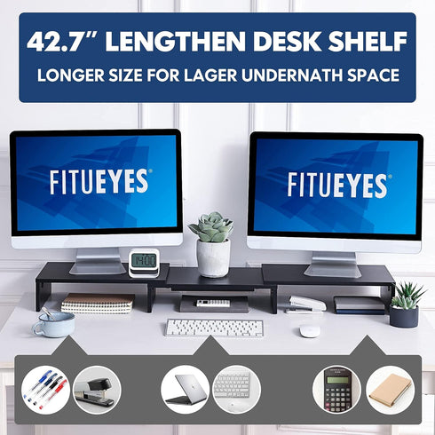 FITUEYES Dual Monitor Stand - 3 Shelf Computer Monitor Riser, Adjustable Wood Desktop Stand for Office Supplies, Medium