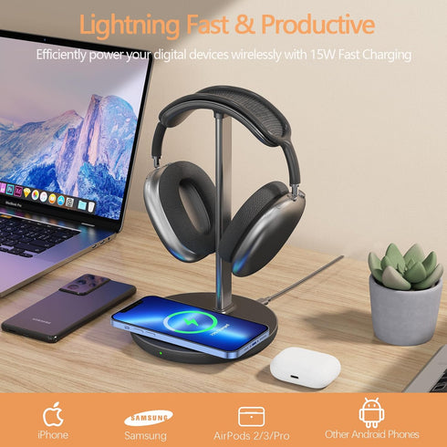 Headphone Stand with Wireless Charger, 2 in 1 Gaming Headset Holder Dock for iPhone 15/14/13/12/11, Samsung, AirPods