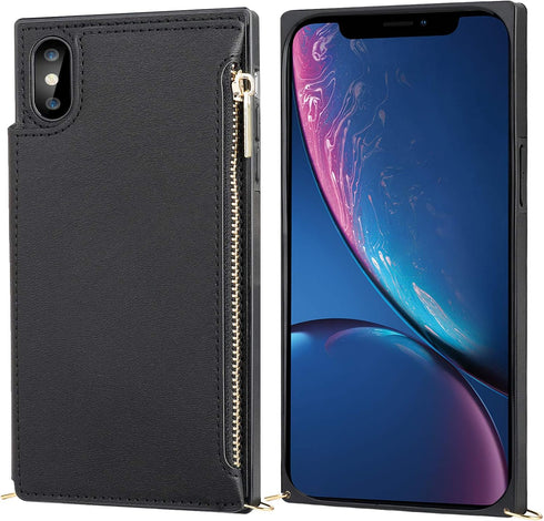 Bocasal Crossbody Wallet Case for iPhone Xr, Zipper Card Slot Protector with Removable Strap, 6.1 Inch (Black)