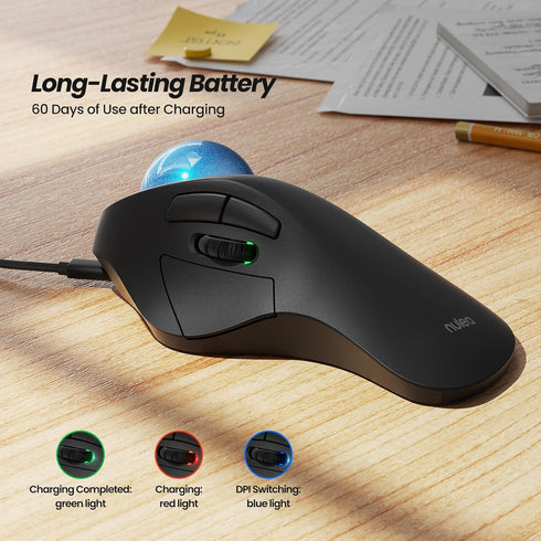 Nulea Wireless Ergonomic Trackball Mouse, Rechargeable Bluetooth Rollerball Mouse, 5 Adjustable DPI, Compatible with