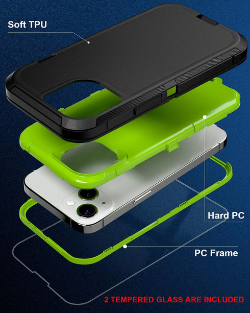 iPhone 13 Case (6.1") with 2 Tempered Glass Screen Protectors, Heavy Duty Military-Grade Full Body Drop Protection