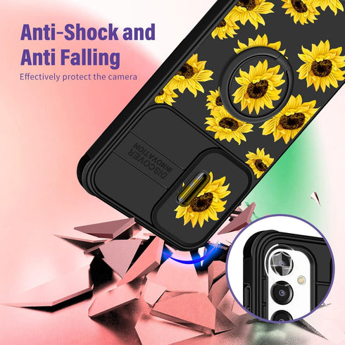 (2in1 Cute Girls Sunflower Kawaii Aesthetic Case for Samsung A14 5G, Black Design with Camera Cover and Ring Stand