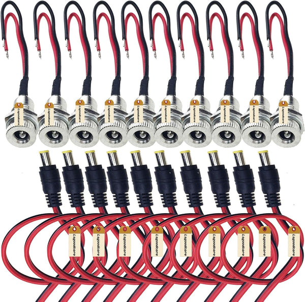 Lsgoodcare 20Pcs 5.5 x 2.1 MM DC Power Jack Socket Adapter with Cable & 5.5mm x 2.1mm Male Pigtail
