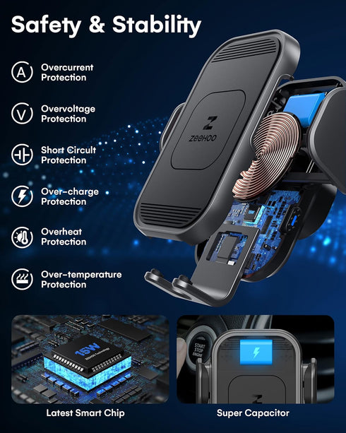 ZEEHOO Wireless Car Charger, 15W Fast Charging Auto Clamping Phone Mount for iPhone 15, 14, 13, 12, 11 Pro Max