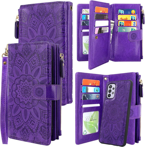 Harryshell Detachable Magnetic Zipper Wallet Case for Samsung Galaxy A32 5G, Purple Flower
