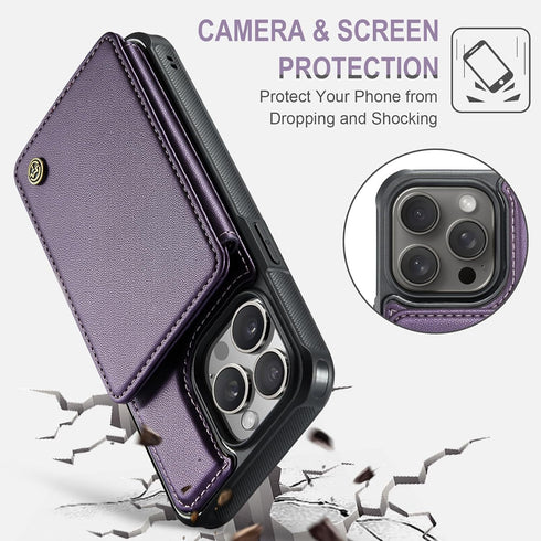 iPhone 15 Pro Max Case - Purple Wallet with Card Holder, RFID Blocking, Shockproof Kickstand for Men & Women. Durable!