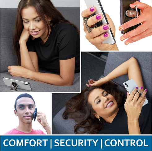 Phone Grip Holder Ring Kickstand, Unique 3-Finger Shape for Comfort and Security with Strap, Lightweight, Durable,
