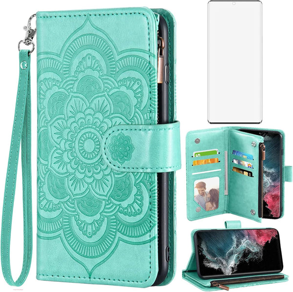 Asuwish Flower Leather Flip Card Holder Wallet Case with Tempered Glass Screen Protector for Samsung Galaxy S22 Ultra