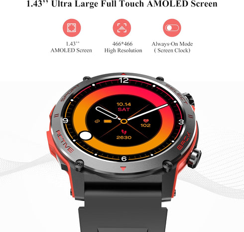 Popglory Smart Watch for Women Men, 1.43" AMOLED Fitness Tracker with 110+ Sport Modes, Heart Rate Monitor