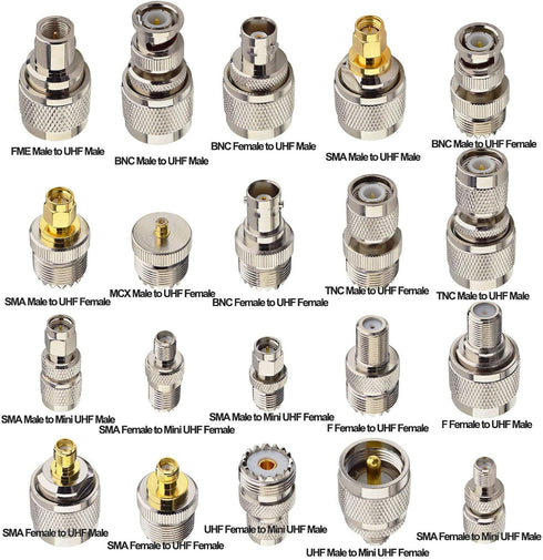 onelinkmore 20 Type Set UHF PL259 SO239 Mini UHF Adapter Kits UHF to SMA/BNC/MCX/FME/F/TNC/Mini UHF RF Coaxial Adapter