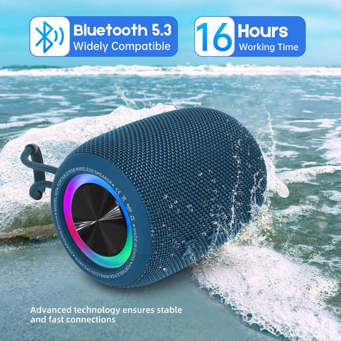 Portable Bluetooth Speaker, BT5.3 Wireless 20W Bass Speaker with Multi LED Light Modes, IPX6 Waterproof, 16H Playtime