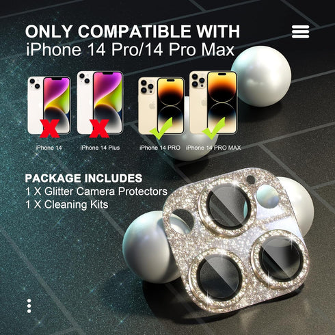 Choiche for iPhone 14 Pro/iPhone 14 Pro Max Camera Lens Protector, Bling Camera Cover with 9H Tempered Glass Lens Screen Protector Metal Ring Decoration Accessories (Glitter-Gold)