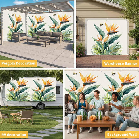 Jimehezon 8x6.9ft Summer Grommets Bird of Paradise Garage Door Banner Tropical Plant Bee Flower Botanical Garage Door