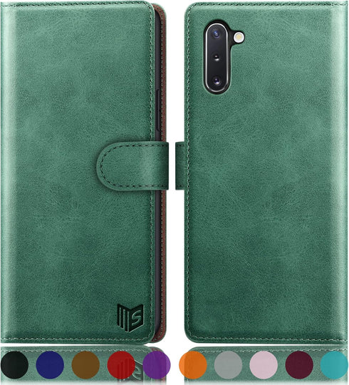 SUANPOT RFID Blocking Leather Wallet Case for Samsung Galaxy Note 10 6.3" with Credit Card Holder, Sea Green