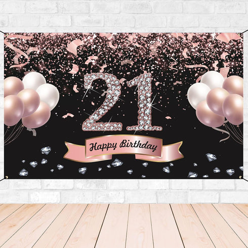 Trgowaul 21st Birthday Decorations - Rose Gold Backdrop 5.9 x 3.6 Ft for Women Happy 21st Banner