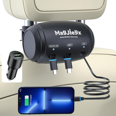 Multi Retractable Car Charger Station - Headrest 3 in 1 Charging Box with Fast 36W QC 3.0 Charger Adapter
