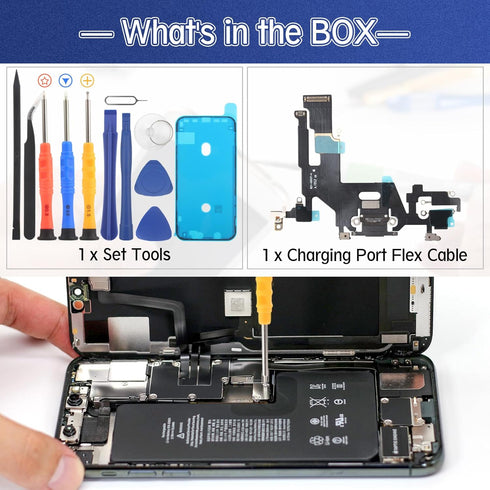 iPhone 11 Dock Connector Charging Port Flex Cable Replacement with Tools (Black) for USB Charger Dock Board