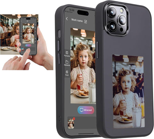DIY E-Ink Phone Case for iPhone 15 Pro Max, Smart Photo Rear Projection, Instantly Display Photos on Black Ink Screen