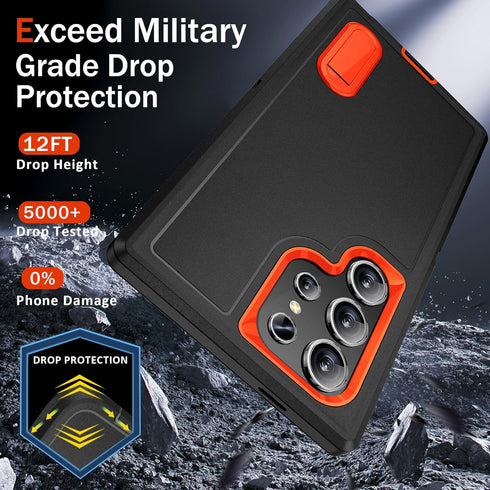 BaHaHoues Samsung Galaxy S24 Ultra Case - Shockproof Military Grade Cover with Kickstand (Black/Orange) 5G