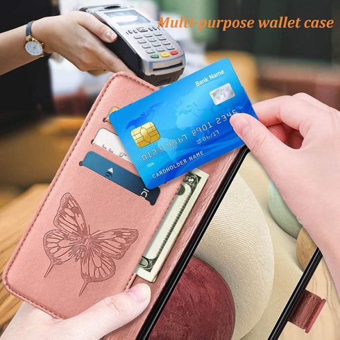 Flip Cover Phone Case for Galaxy A12, Rose Gold | Wallet, Butterfly Floral Embossed, Wrist Strap, Card Holder Slots,