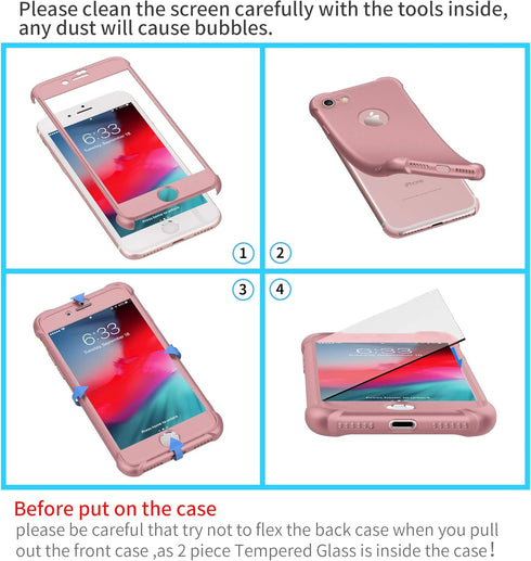 ORETECH iPhone SE 2022 Case with 2 x Tempered Glass Screen Protector, 360° Full Body Protection, Rosegold