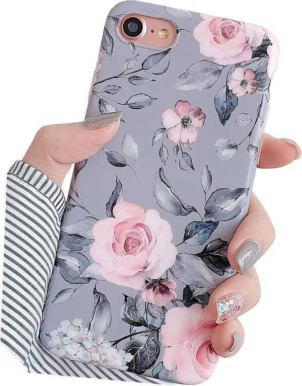 YeLoveHaw iPhone SE 2020 Case, iPhone 8/7 Case, Flexible Soft Slim Fit with Floral Purple Gray Leaves Pattern