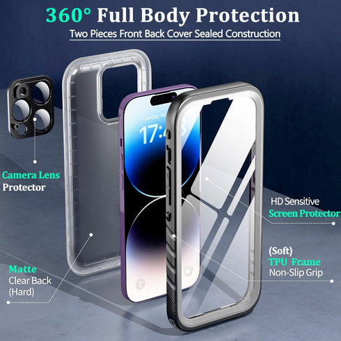 SOKUSIN iPhone 14 Pro Case - Heavy Duty Waterproof, 10FT Dropproof, Dustproof, Full Body Shockproof, 6.1" Black/Clear.
