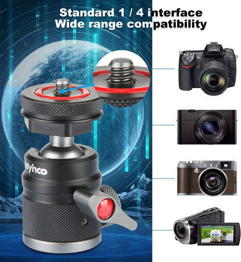 Mini Ball Head with 1/4" Hotshoe Mount Adapter, 360° Rotatable Aluminum Tripod Head for DSLR Cameras
