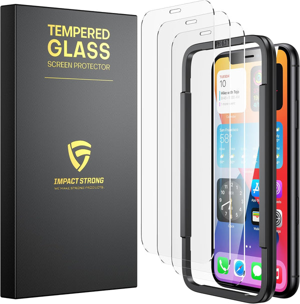 ImpactStrong Shatterproof Tempered Glass Screen Protector for iPhone 11/XR – 6.1 Inch, 3-Pack, Bubble Free, Case