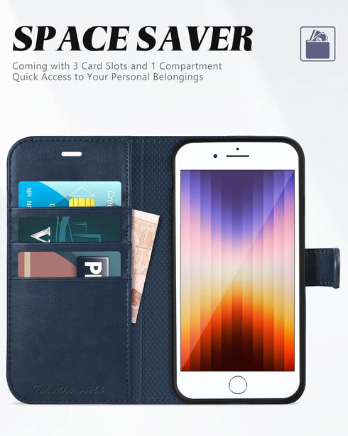 TUCCH Wallet Case for iPhone SE 2022/SE2, iPhone 8/7, PU Leather Credit Card Holder, Dark Blue