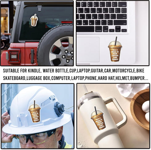 KIMAMZ Pack 4PCS All I Need is Iced Coffee and Books Stickers Reading Inspirational Waterproof Vinyl Decals Decor