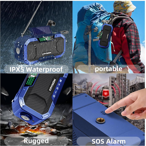 Portable NOAA AM FM Bluetooth Emergency Weather Radio, Hand Crank Solar, 5000mAh Battery, Waterproof, Flashlight, Phone