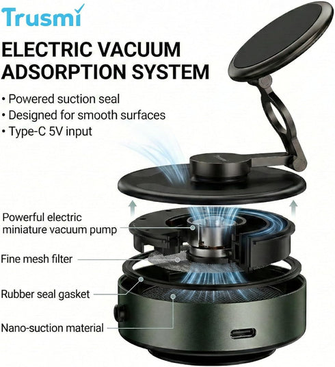 Trusmi 4300 360 Electric Vacuum Magnetic Car Windshield Phone Mount, Gauss, Type-C Powered, for Glass & Smooth Flat