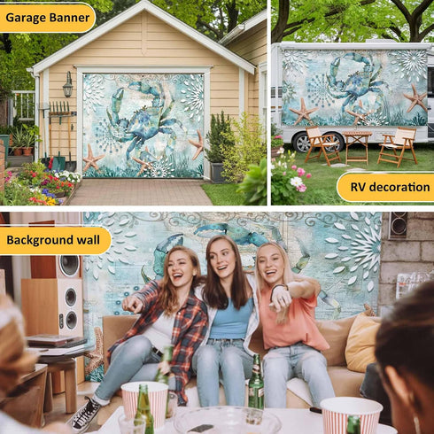 GNAKT AREWG 13x6ft Summer Garage Door Banner Cover Coastal Crabs Starfish Waterweed Garage Door Decoratons Banner