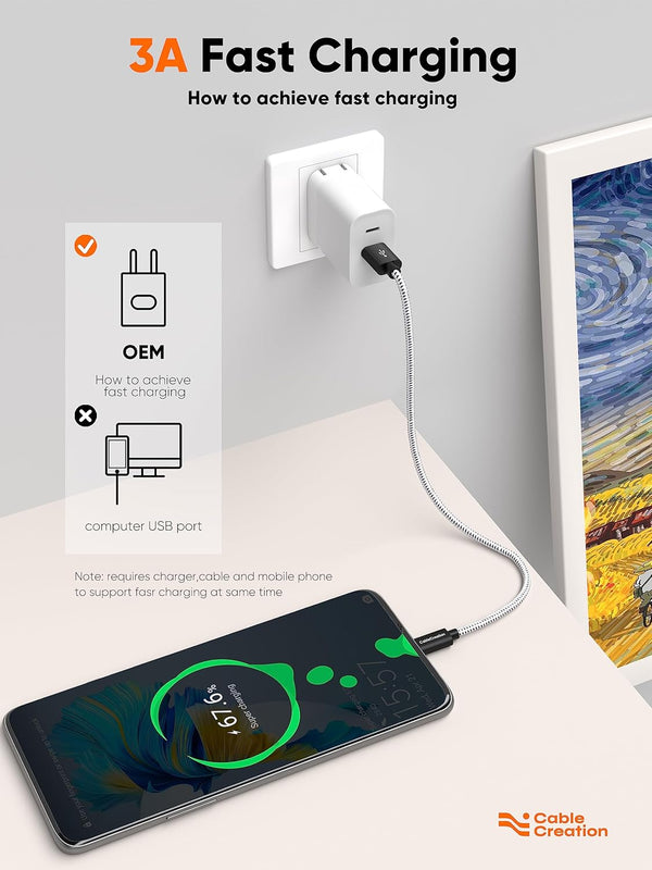 CableCreation 2FT USB to USB C Cable, Black USB A to USB C 3A Fast Charging Braided Cable for Galaxy S23, iPad Pro