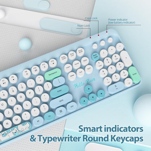 Fogruaden Wireless Keyboard and Mouse Combo, 2.4GHz Retro Typewriter Keyboard, 104 Full Size Round Keycap Cute Computer