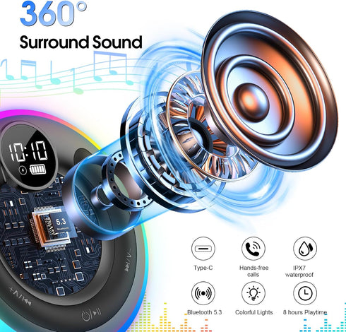 AOSRAU 5.3, Portable Bluetooth Shower Speaker with Lights, Bluetooth Small Wireless Speaker for Outdoor, Blue