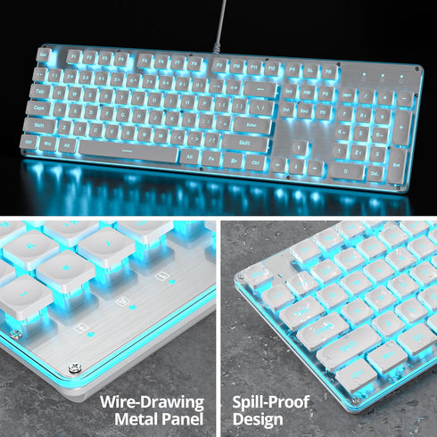 Owpkeenthy White Typewriter Gaming Keyboard Full-Size Quiet Keyboard with Ice Blue Backlit Light Up