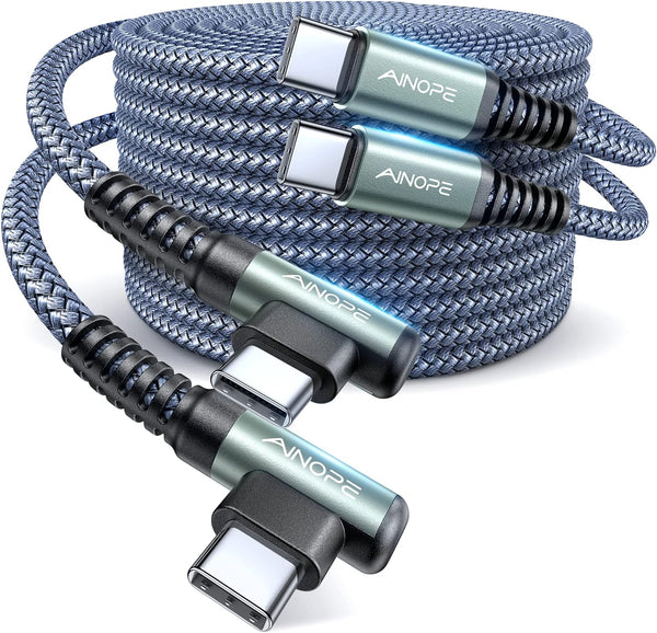 AINOPE 6.6ft USB C to USB C Cable 60W 2-Pack, Fast Charging Right Angle Nylon for iPhone 15 Pro Max, Samsung S24, iPad