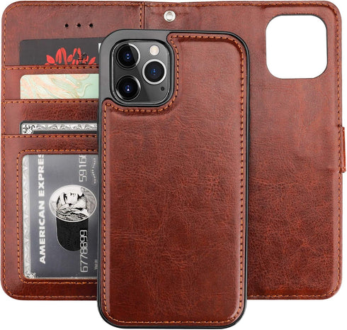 Bocasal Wallet Case for iPhone 12 & 12 Pro, 6.1 inch, Brown, Magnetic Detachable Kickstand, Card Holder, Shockproof
