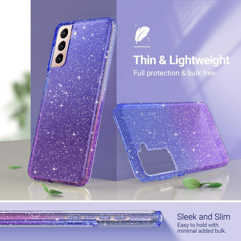 ULAK Clear Glitter Case for Samsung Galaxy S21 5G, Sparkly Soft TPU Bumper Bling Cover for Women Girls - Blue+Purple