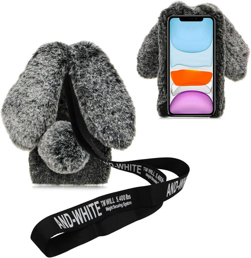 3D Bunny Ears Plush Case for Samsung Galaxy A12 with Crossbody Strap, Winter Warm Handmade Soft Rabbit Cover, Grey