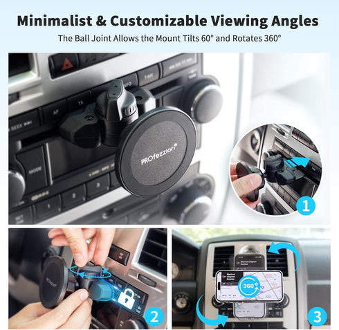 PROfezzion CD Slot & Vent Clip Combo Magnetic Phone Holder Compatible with MagSafe for iPhone 15 14 13 12 Pro Max Plus,
