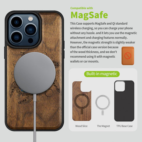 Carveit Designer Wooden Protective Case for iPhone 15 Pro, Magnetic Cover with Wood Engraving - Sea Turtle-Walnut